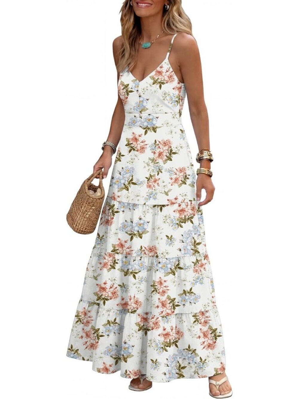 〽️White Floral Summer Maxi Dress Smocked Back V Neck Spaghetti Strap Pockets